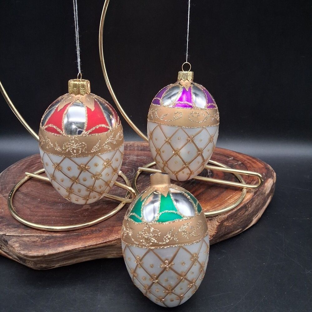 Lot of 3 Vintage Blown Glass Faberge Egg Christmas Ornaments 4" Red Purple Green